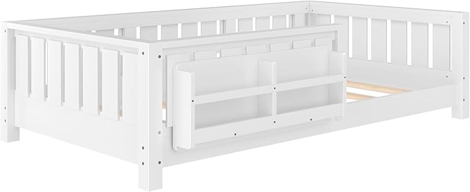 Bellemave Twin Floor Bed with Slats and Safety Guardrail, Twin Size Montessori Floor Bed with Fence and Built-in Bookshelf, Easy Assemble Montessori Beds for Kids, Girls, Boys, White