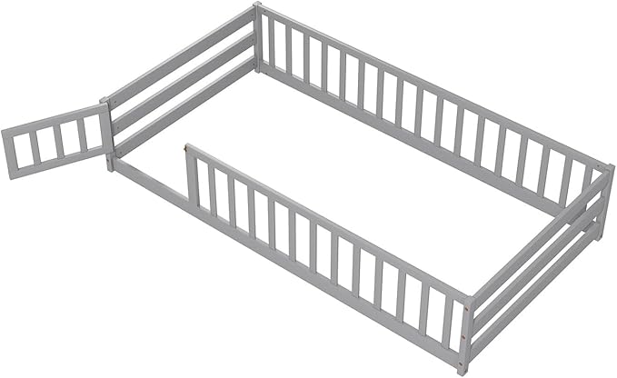 Giantex Twin Floor Bed with Door & Fence, Kids Wood Montessori Beds with Safety Guardrails, Floor Bed Frame for Kids, Boys, Girls, No Box Spring Needed, Floor Bed Twin (Grey)