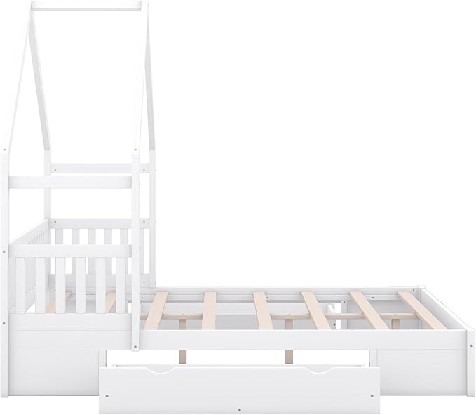 Merax Wood Queen Size House Platform Bed with Guardrail and 2 Drawers, Wooden Bedframe for Boys Girls Adult, No Spring Box Needed, White
