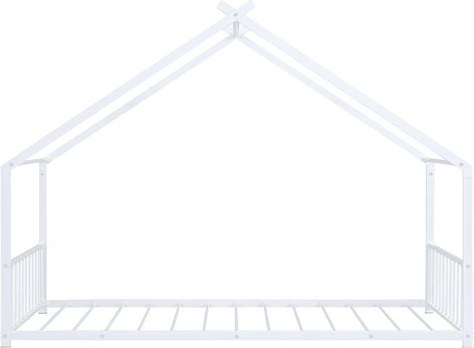 Twin Size House Shaped Montessori Platform Beds, Wood Floor Bed Frame with Roof and Fence Deisgn, Kids Double Toddler Bed for Children Boys Girls, Easy Assemble, No Box Spring Needed, White