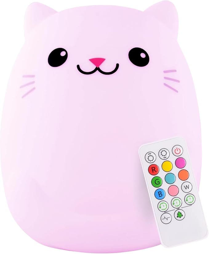Lumipets Clive The Cat Squishy Silicone Night Light for Kids | Cute Night Light with Remote & Touch Control for Baby & Toddler Bedrooms | Color Changing Portable Animal Nightlight | Kids Mood Lamp