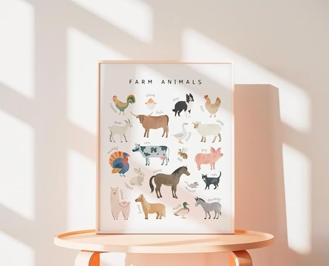 OZCONO Farm Animals Learning Poster, Vibrant Rural Wildlife Chart Kids, Playroom Wall Decor Art, Homeschool Education Guide (Unframed) (12x18)
