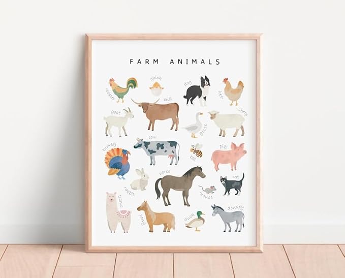 OZCONO Farm Animals Learning Poster, Vibrant Rural Wildlife Chart Kids, Playroom Wall Decor Art, Homeschool Education Guide (Unframed) (24x36)