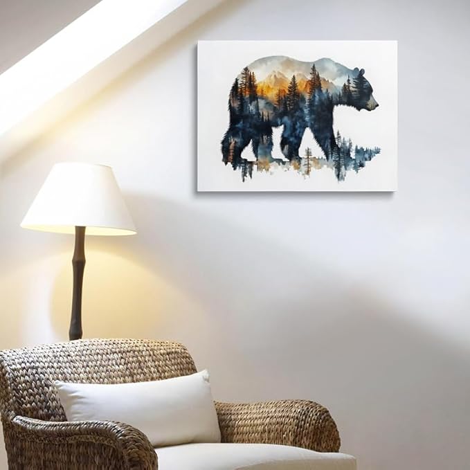 Bear Silhouette with Mountain Landscape Canvas Wall Art - Framed Nature Inspired Painting, Wildlife Forest Scene Wall Decor Artwork for Living Room, Cabin, Bedroom, Office (12x16 Inches)