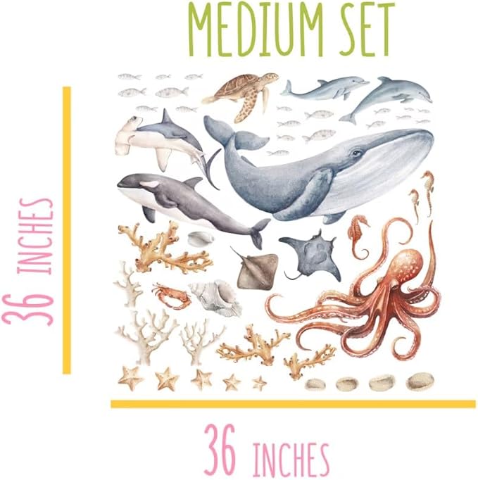 Ocean Wall Stickers & Shark Decals – Fish Stickers and Ocean Wall Stickers for Nursery Baby Kids Bedroom Bathroom, Medium Set (36″ W × 36″ H) 50 Pcs