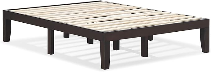 KOMFOTT 14 Inches Wood Platform Bed Frame Full Size, Wooden Mattress Foundation with Rubber Wood Frame, Strong Wooden Slat Support, No Box Spring Needed, Bed Frame (Dark Brown)