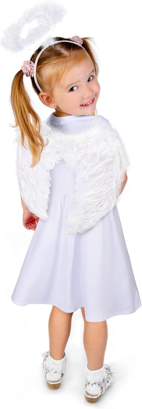 Haysandy 3 Pcs Christmas Angel Costumes for Kids Girls Set Fairy Dress Angel Feather Wings Headband for Xmas Dress up Cosplay