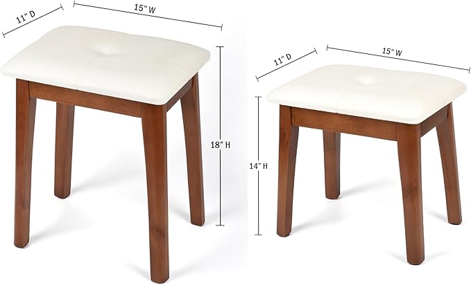 Solid Wood Foot Stool Ottoman, 14" H Small Bench Chair Comfy Kids Foot Rest Stools for Under Office Desk at Work for Bedroom/Living Room/Kitchen - Beige White
