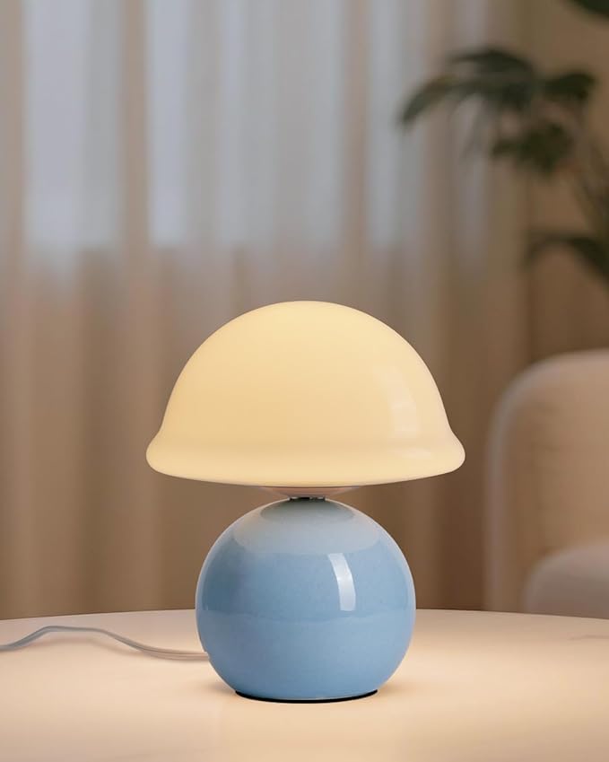 Mushroom Lamp for Bedroom, Cute Small Bedside Table Lamp with Glass Lampshade, Dimmable Nightstand Lamp Mid Century Modern Lamp for Home Living Room Decor (Blue)