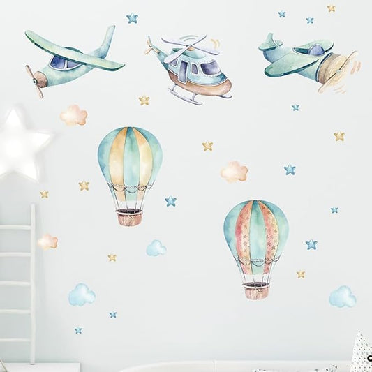 Cartoon Colorful Airplane Hot Air Balloon Wall Stickers Cloud Star Removable Vinyl Wall Decals for Kids' Rooms Nursery Classroom