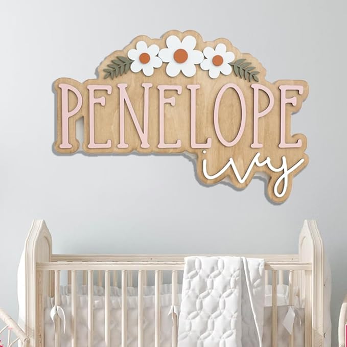 Personalized Nursery Name Sign, Custom Wooden Name Sign with Flowers, 3D Layered Wood Wall Decor for Baby Girl Room, Boho Floral Kids Room Name Plaque, 2 Layer /4
