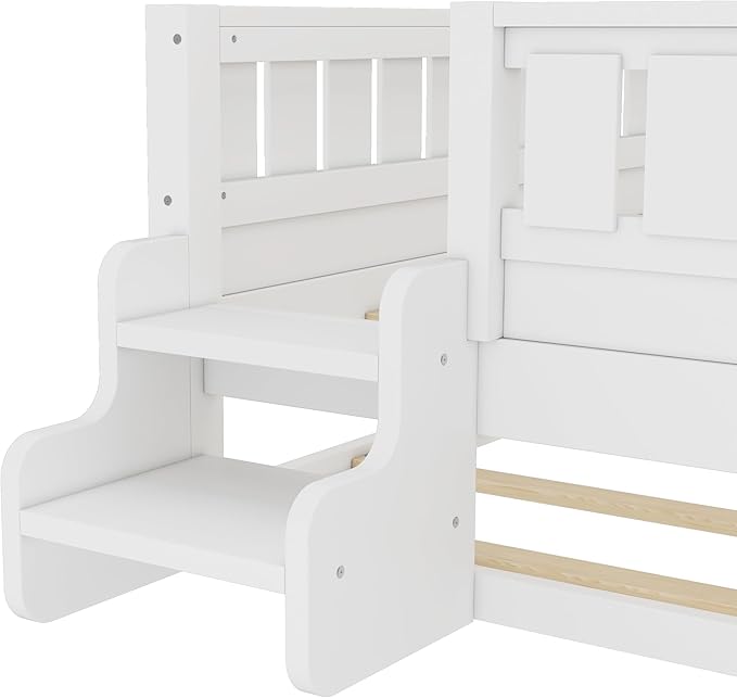 Bellemave Twin Size Kids Bed with high Rails and with Built-in Bookshelf and Trundle for Kids, Girls, Boys, Wood Montessori Bed Without Door, White