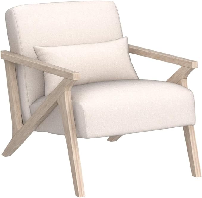 INZOY Mid Century Modern Chair with Wood Frame, Upholstered Armchair with Waist Cushion, Accent Chair for Living Room Bedroom Apartment, Easy Assembly, Beige