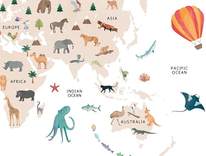 OZCONO Animal World Map Poster, Kids Educational Geography Decor, Safari Animals Nursery Art, Montessori Learning Wall Print (Unframed) (20x30)