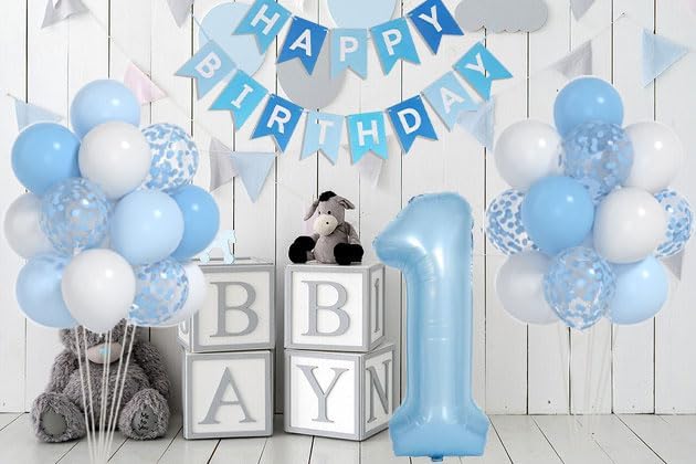Baby Blue White Balloons And 40inch 1 Balloon, First Birthday Decorations For boy With blue White Confetti Balloons, Happy Birthday Banner Large 1 Balloon For Baby Boys Birthday Party Decorations