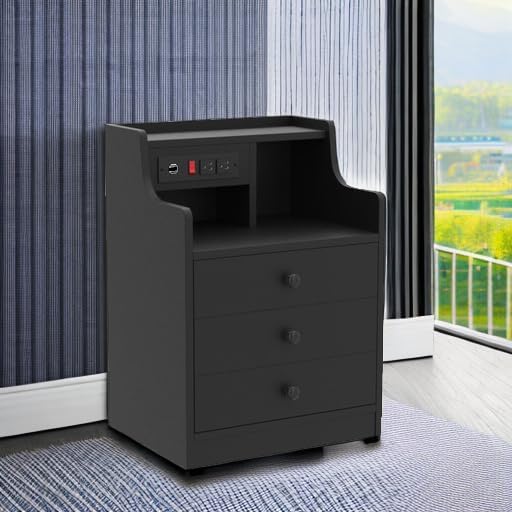 ADORNEVE Nightstand with Charging Station,Black Night Stand for Bedroom,End Table with Hutch & Storage Drawers