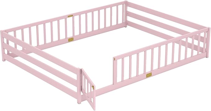 KOMFOTT Queen Size Wood Floor Bed with Door & Fence, Montessori Bed Frame with Full Length Safety Guardrails, Door & Latch, Wooden Montessori Floor Bed for Kids, Girls, Boys (Queen,Pink)