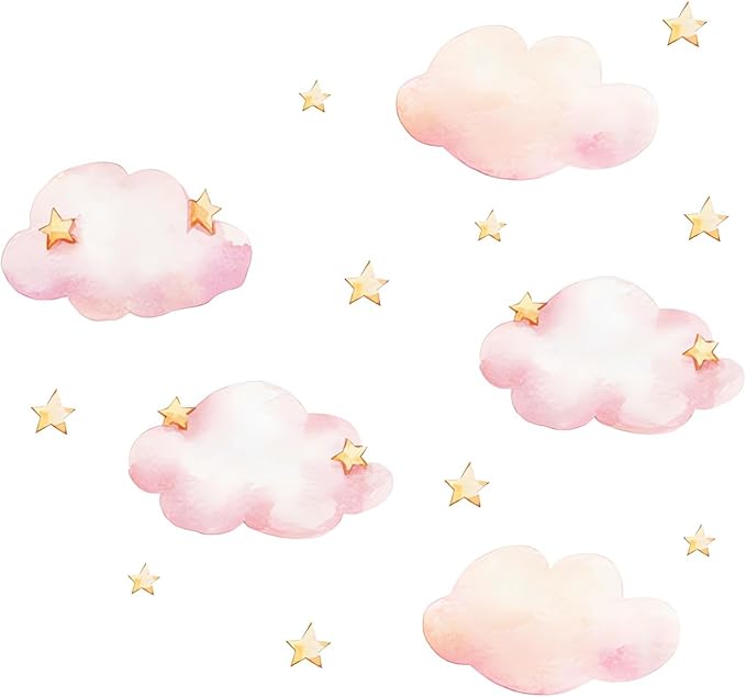 Pink Clouds and Stars Wall Stickers, sacinora Cartoon DIY Art Wall Decals Removable Vinyl Peel and Stick for Kids Baby Nursery Living Room Bedroom Children's Room Playroom Decorations