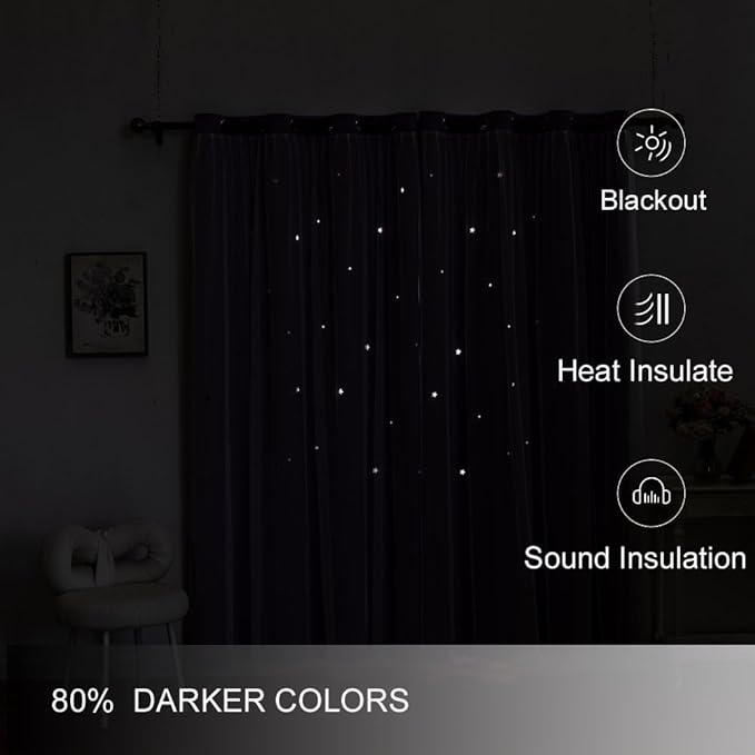 Ombre Rainbow Blackout Curtains for Kid Girls Bedroom Living Room Darking Stripe Double Layer Star Cut Out Wall Home Decor Gradient Grommet Window Curtains (Purple 95L)