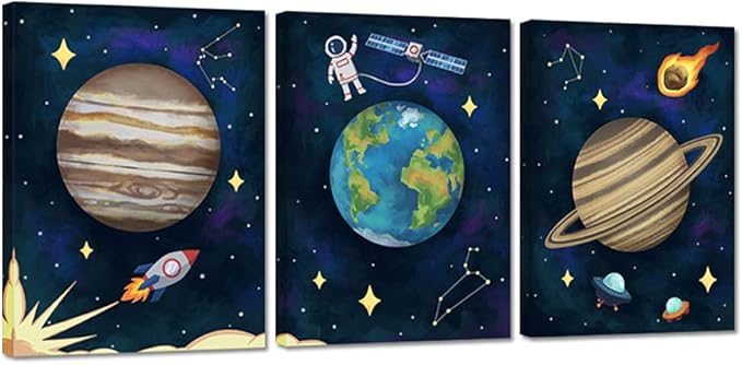 iHAPPYWALL 3 Pieces Outer Space Canvas Wall Art Abstract Universe Planet Jupiter Saturn Earth Painting for Boys Kids Room Bedromm Wall Decoration Ready to Hang 12x16inchx3pcs