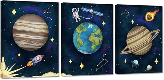 iHAPPYWALL 3 Pieces Outer Space Canvas Wall Art Abstract Universe Planet Jupiter Saturn Earth Painting for Boys Kids Room Bedromm Wall Decoration Ready to Hang 12x16inchx3pcs