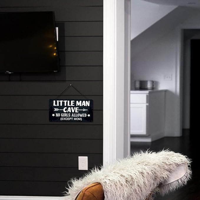 Putuo Decor Little Man Cave Sign, Boys Room Wall Decor for Kids, Toddler Boys, Baby, 10x5 Inches PVC Hanging Plaque Gift (No Girls Allowed Except Mom - 2)