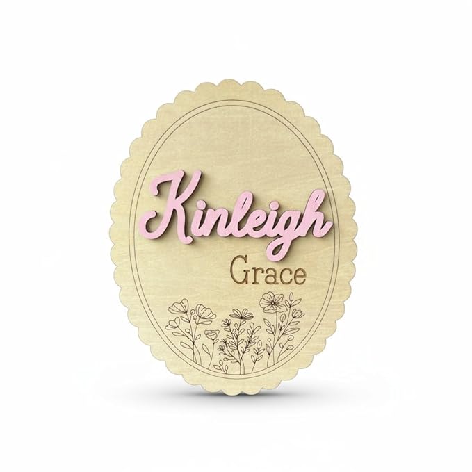 Personalized 3D Baby Name Sign with Floral Design, Scallop Engraved Birth Announcement Plaque, Baby Shower - Newborn Keepsake (Name Sign)
