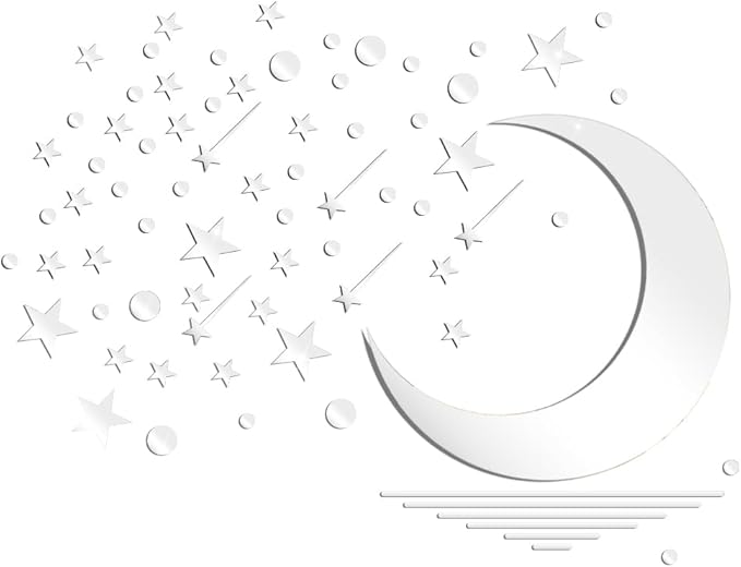 71 Pcs Silver Star Stickers, 3D Acrylic Moon Shooting Star Mirror Wall Stickers Decor, Removable Decals Art Self-Adhesive for Home Nursery Classroom Bedroom Interior Wallpaper Background Art Decor