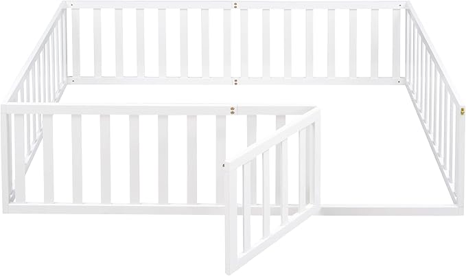 Merax Full Floor Bed with Safety Guardrails and Door, Wood Montessori Floor Bed Frame for Kids, Full Playhouse Bed Frame for Baby Girls and Boys, White