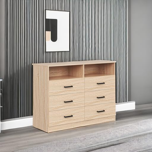 Bigbiglife 6 Drawers Dresser for Bedroom Wooden Drawer with Open Storage Cubby, Double Wide Dresser Organizer for Bedroom, Living Room, Entryway, Hallway (Light Oak)