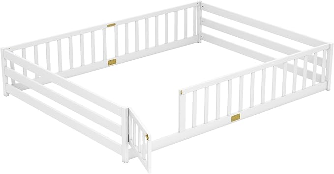 KOMFOTT Queen Size Wood Floor Bed with Door & Fence, Montessori Bed Frame with Full Length Safety Guardrails, Door & Latch, Wooden Montessori Floor Bed for Kids, Girls, Boys (Queen,White)