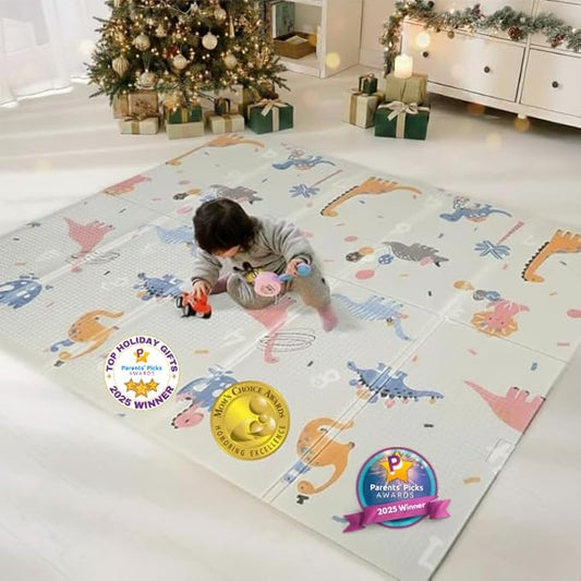 Bammax X-Large 78" x 70" x 0.4" XPE Foam Baby Play Mat + Travel Bag | Waterproof, Foldable & Reversible Floor Mat for Kids | Baby Crawling Mat & Kids Play Mat – Dinosaurs & Safari Animals