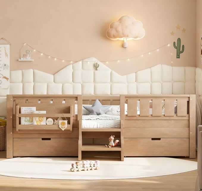 Bellemave Twin Size Kids Bed with high Rails and with Built-in Bookshelf and Drawers for Kids, Girls, Boys, Wood Montessori Bed Without Door, Natural