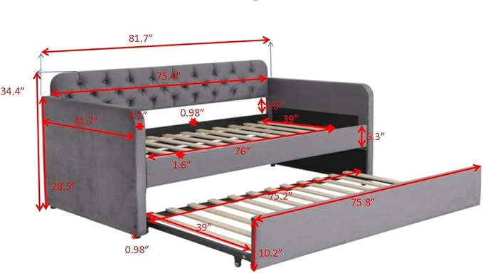 Bellemave Twin Upholstered daybed with Trundle and USB Charging, Velvet Tufted Sofa Bed Twin Size, daybed with Trundle for Adults, Kids, Girls, Teens, for Living Room, Dark Grey