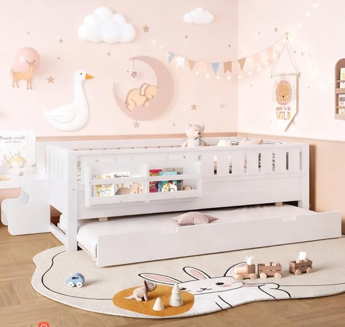 Bellemave Twin Size Kids Bed with high Rails and with Built-in Bookshelf and Trundle for Kids, Girls, Boys, Wood Montessori Bed Without Door, White