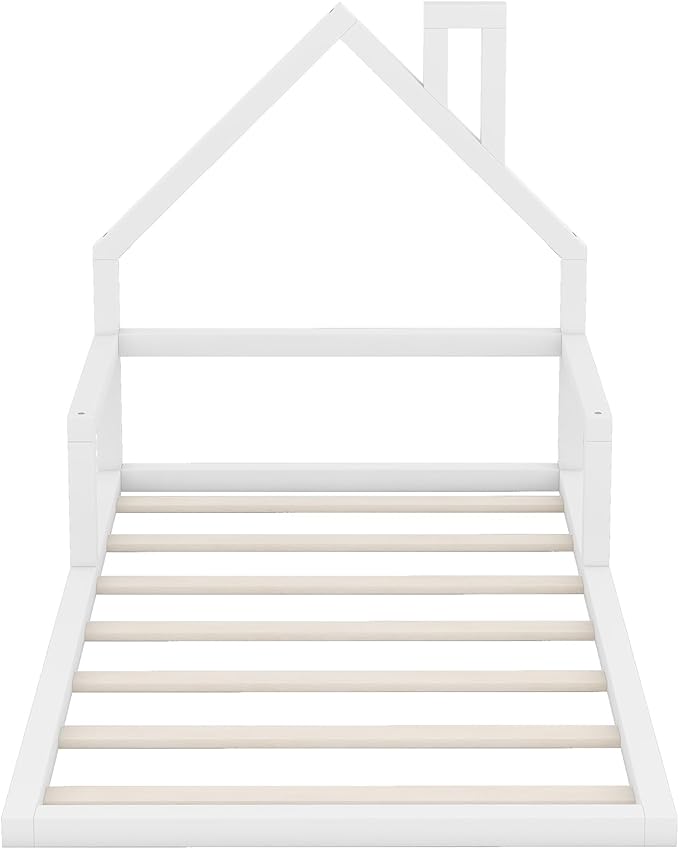 Harper & Bright Designs Twin Size Floor Bed with House Shaped Headboard, Montessori Floor Bed for Kids, Solid Wood Low Bed Frame for Bedroom, Playroom, Wooden Slats Support, White