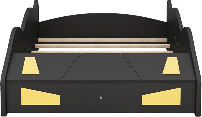 Harper & Bright Designs Twin Size Race Car-Shaped Platform Bed with Wheels and Storage, Black+Yellow