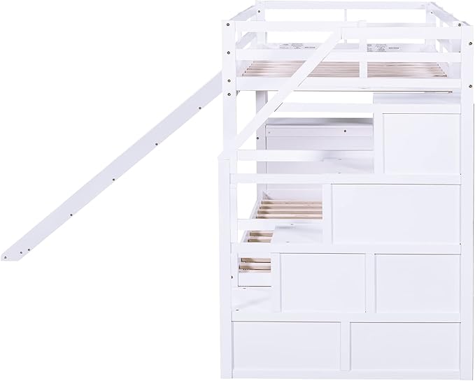 Modern Twin Over Twin Bunk Bed with Storage Staircase and Slide, Wooden Bunk Bed Frame with Desk and Drawers, Multifunctional Bunk Bed for Kids Teens Adult Bedroom