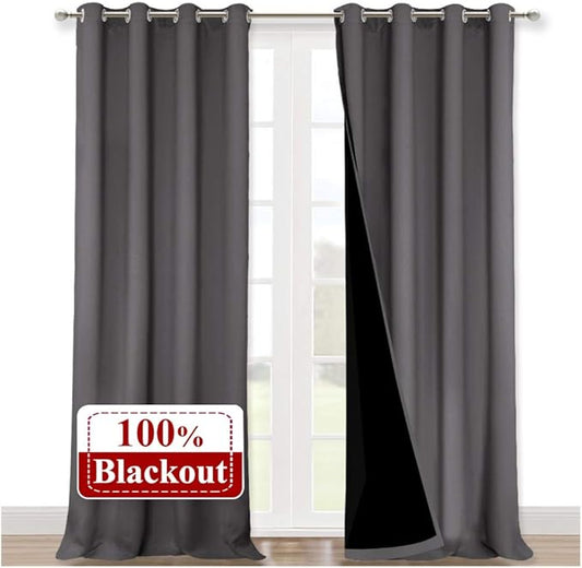 NICETOWN 100% Blackout Blinds, Set of 2, 52 inches x 120 inches, Laundry Room Decor Window Treatment Curtains for Large Patio Sliding Door, Thermal Insulated Grey Curtains for Bedroom