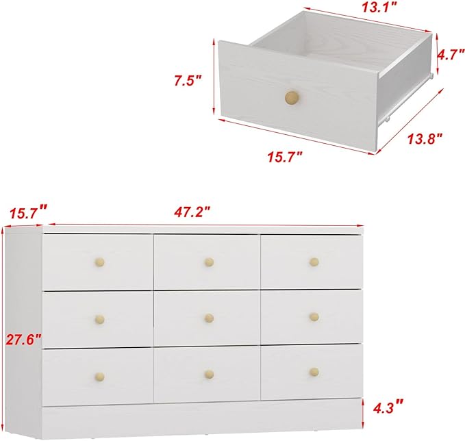 White Dresser for Bedroom 9 Drawer Dresser, Chest of Drawers Wide Dresser with Wood Knobs, Modern Dresser Drawer Chest, Living Room Hallway, Wood Grain, 15.7”D x 47.2”W x 27.6”H