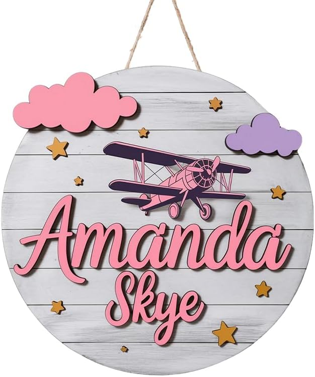 Personalized Wooden Name Signs for Nursery, Pink Plane Sign for Baby Door Decor, Newborn Gifts for Girl, Girls Nursery Wall Bedroom Decorations, Mother's Day Gifts for New Mom Dad Gift