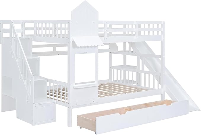 MERITLINE Full Over Full Castle Bunk Bed with Slide,Stairs and Drawers,Solid Wood Floor House Princess Bunk Bed with Storage Shelves (White,Full Over Full)
