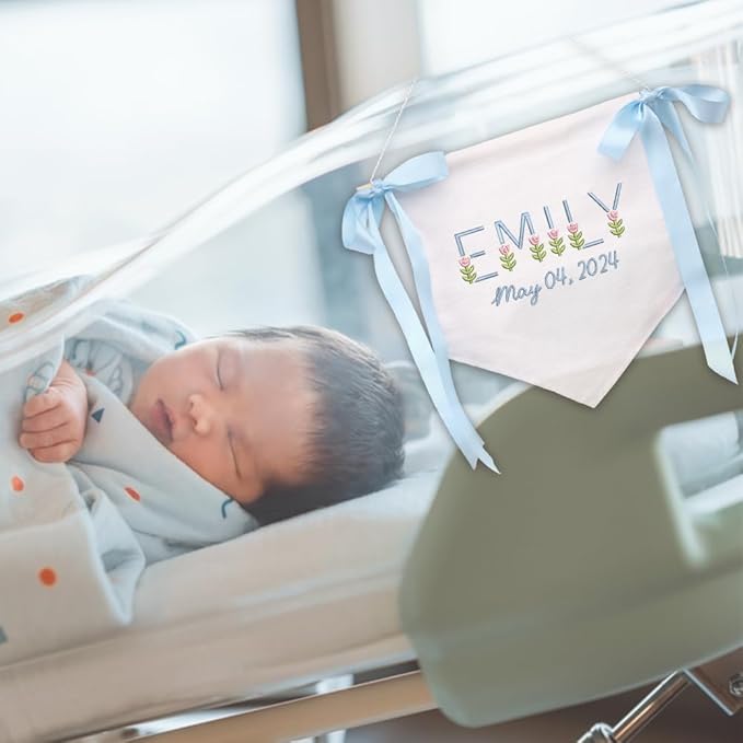 Embroidered Baby Name Sign Personalized Baby Announcement Sign Newborn Baby Banner with Bows Baby Hospital Name Sign Canvas Hanging Pennant Flag Custom Infant Baby Name Baby Shower Banner (09)