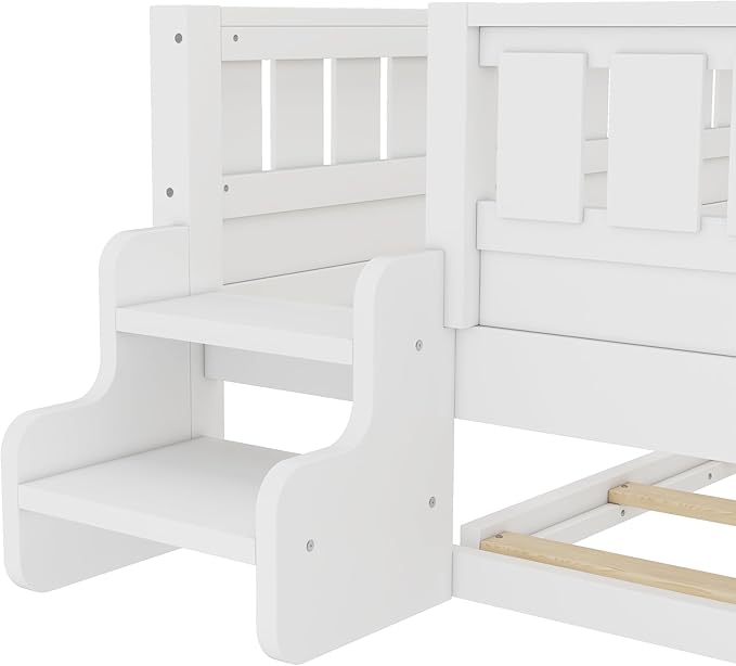 Bellemave Full Size Kids Bed with high Rails and with Built-in Bookshelf and Trundle for Kids, Girls, Boys, Wood Montessori Bed Without Door, White