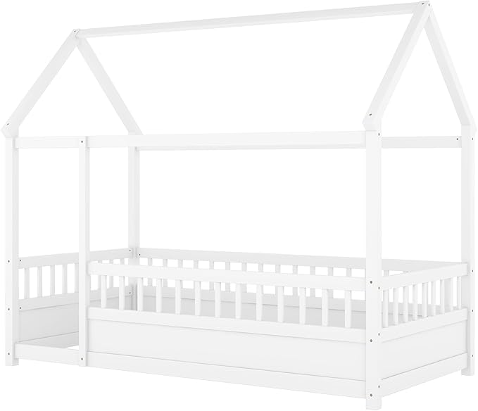 Bellemave Twin House Bed for Kids, Wooden Kids bedframe with Rails and Storage, Montessori Floor beds with high guardrail Without slats, White