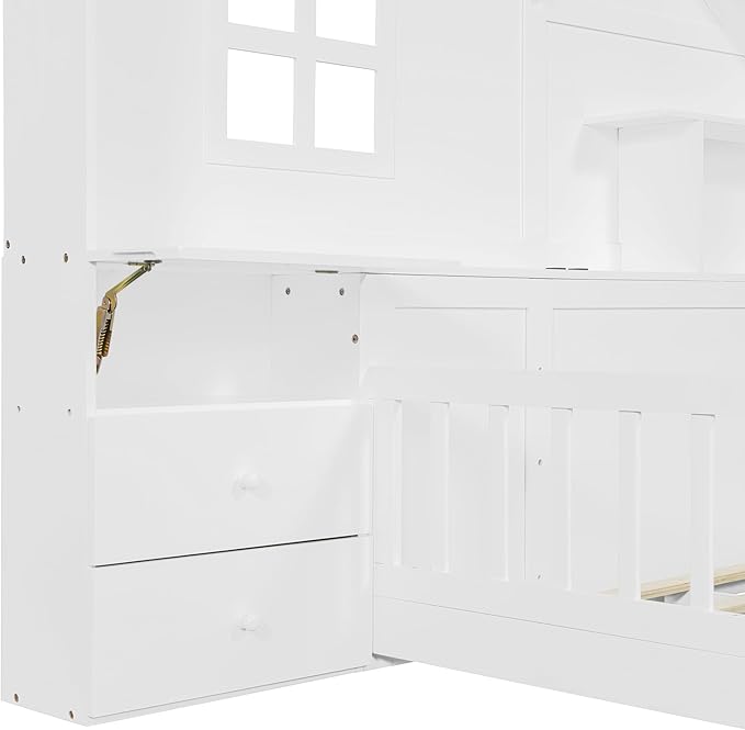 Full Size Kids Floor Bed with Safety Fence, Solid Wood Montessori Platform Bed with House Shape Headboard with Bedside Drawers, Shelves, Sockets and USB Port for Kids Boys Girls (White-LF)
