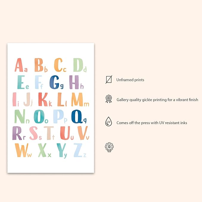 OZCONO Rainbow Alphabet Poster for Kids, Educational ABC Wall Chart for Classroom Decor, Montessori, Nursery Toddler Learning (Unframed) (12x18)