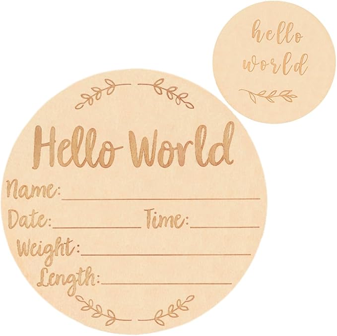 Wooden Baby Announcement Sign, 5.9Inches Hello World Newborn Signs, Double Sided Birth Announcement Sign, Lovely Babies Name Plaques for Photo Prop Ba-by Shower Hospital Nursery Gift.