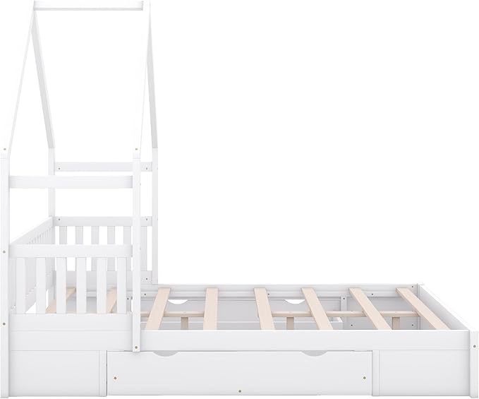SOFTSEA Queen Size Wood House Platform Bed with 2 Drawer, Low House Bed with Drawers Queen Size Floor Platform Bed with Drawers, Wood Bed Frame with Guardrails and Roof, White