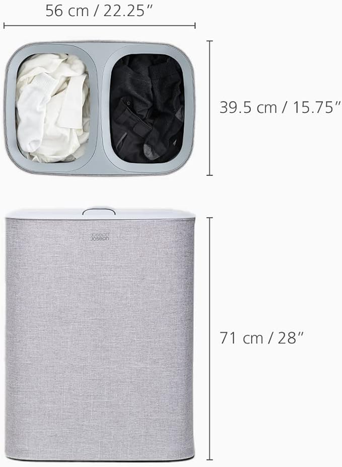 Joseph Joseph Tota 90 liter/23.8 gallon Laundry Hamper Separation Basket with lid, 2 Removable Washing Bags with Handles - Gray